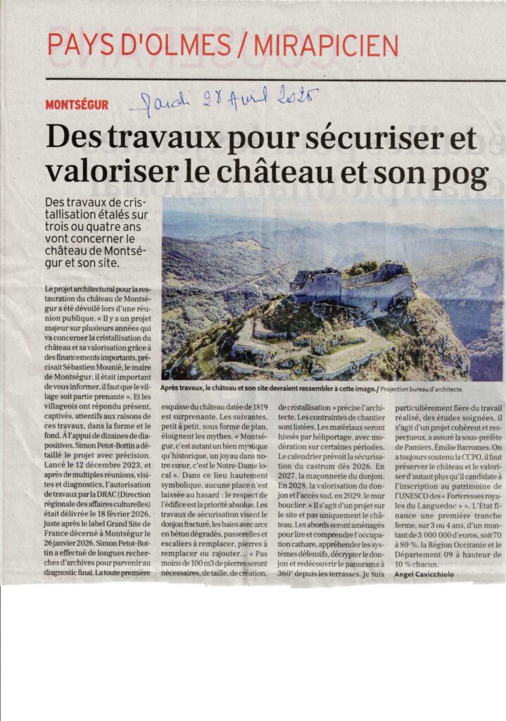 L'article de presse fait le compte-rendu de la réunion du 18 avril consacrée à la cristallisation et à la valorisation du château de Montségur, organisée par le Maire Sébastien Mounié